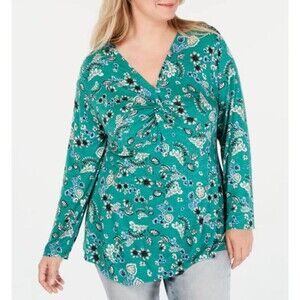 Style & Co Women's Plus Size 1X V-Neck Twist Front Green Floral Print Top